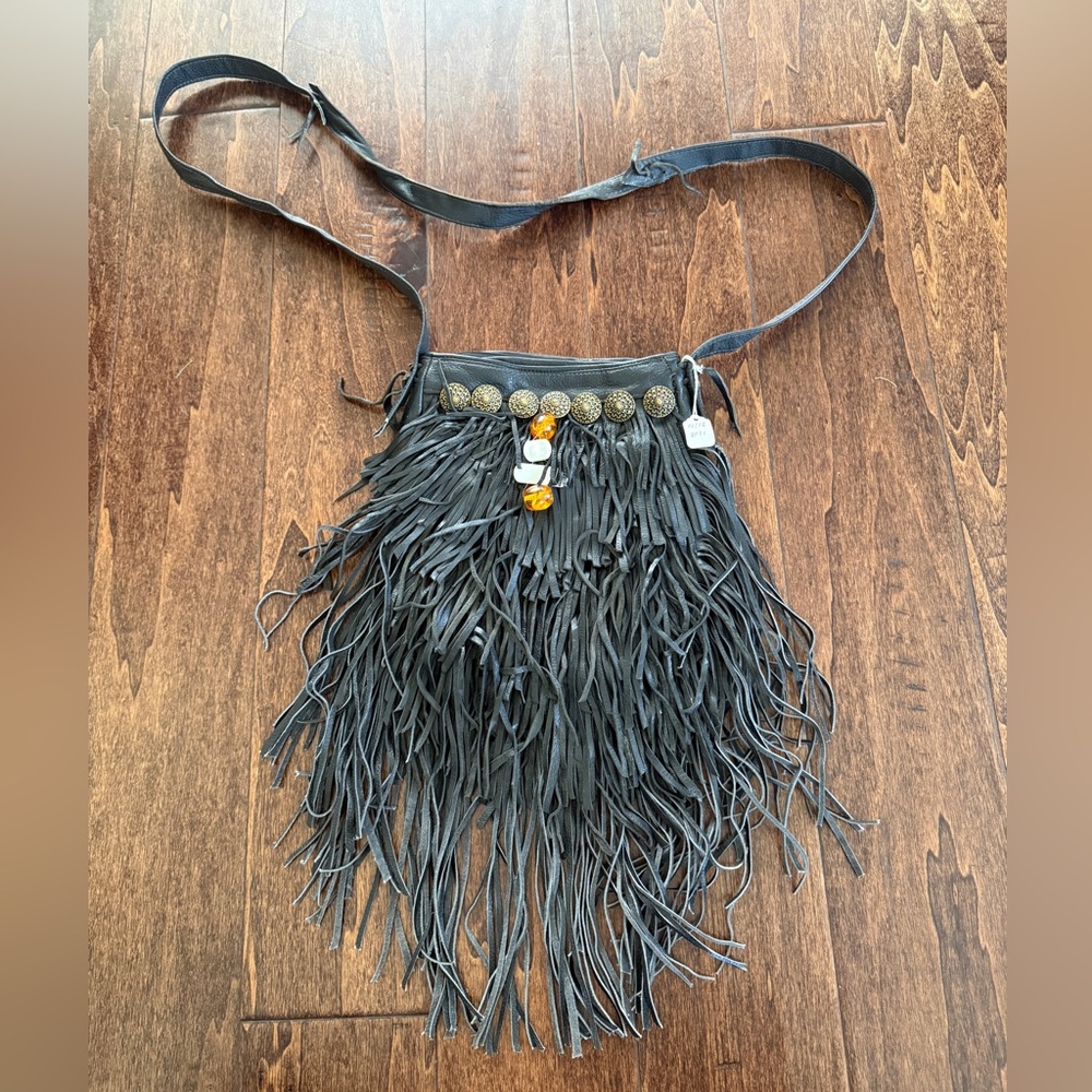 Fringed Crossbody Bag with Decorative Beads - Black